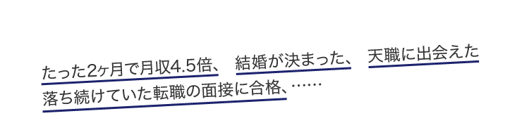 4000人が体験、効果を実証済み！ ２ケ月で月収４.５倍 結婚が決まった 天職に出会った 落ち続けていた転職の面接に合格・・・