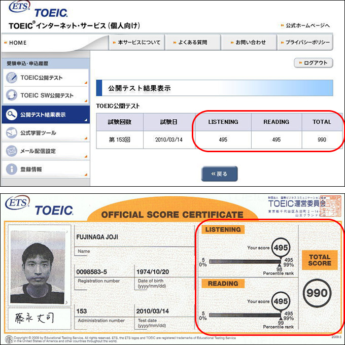 TOEIC試験の結果