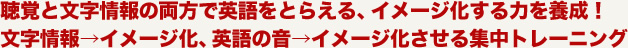 聴覚と文字情報の両方で英語をとらえる、イメージ化する力を養成！文字情報→イメージ化、英語の音→イメージ化させる集中トレーニング