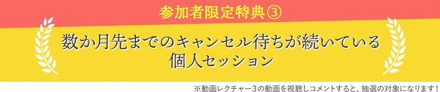 参加者限定特典③数か月先までのキャンセル待ちが続いている個人セッション※動画レクチャー３の動画を視聴しコメントすると、すぐに手に入れていただくことができます！