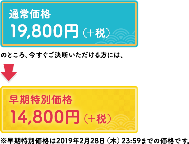 通常価格¥19,800 円(+税)のところ、今すぐご決断いただける方には、早期特別価格14,800 円(+税)