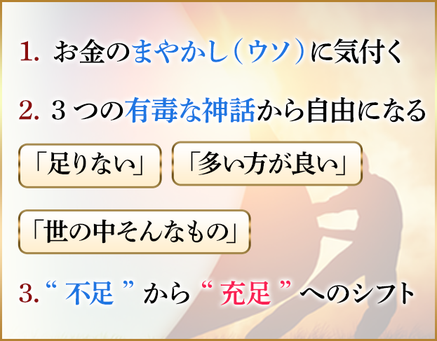 1.お金のまやかし(ウソ)に気づく２．３つの有毒な神話から自由になる「足りない」「多いほうが良い」「世の中そんなもの」