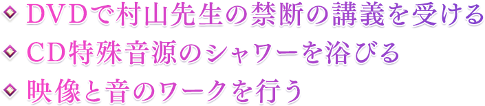 ・DVDで村山先生の禁断の講義を受ける・CD特殊音源のシャワーを浴びる・映像と音のワークを行う