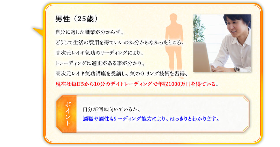 男性（25歳）　自分に適した職業が分からず、どうして生活の費用を得ていいのか分からなかったところ、高次元レイキ気功のリーディングにより、トレーディングに適正がある事が分かり、高次元レイキ気功講座を受講し、気のO-リング技術を習得、現在は毎日5から10分のデイトレーディングで年収1000万円を得ている。　【ポイント】自分が何に向いているか、適職や適性もリーディング能力により、はっきりとわかります。