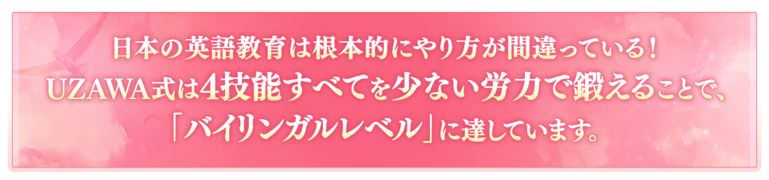 日本の英語教育は根本的にやり方が間違っている！UZAWA式は4技能すべてを少ない労力で鍛えることで、「バイリンガルレベル」に達しています。