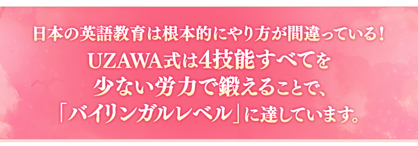 日本の英語教育は根本的にやり方が間違っている！UZAWA式は4技能すべてを少ない労力で鍛えることで、「バイリンガルレベル」に達しています。