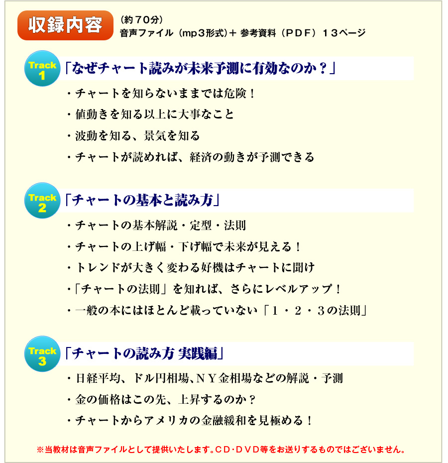収録内容（約７０分）
音声ファイル（mp３形式）＋参考資料（ＰＤＦ）１３ページ
Track1「なぜチャート読みが未来予測に有効なのか？」
・チャートを知らないままでは危険！
・値動きを知る以上に大事なこと
・波動を知る、景気を知る
・チャートが読めれば、経済の動きが予測できる
Track2「チャートの基本と読み方」
・チャートの基本解説・定型・法則
・チャートの上げ幅・下げ幅で未来が見える！
・トレンドが大きく変わる好機はチャートに聞け
・「チャートの法則」を知れば、さらにレベルアップ！
・一般の本にはほとんど載っていない「１・２・３の法則」
Track3「チャートの読み方 実践編」
・日経平均、ドル円相場、ＮＹ金相場などの解説・予測
・金の価格はこの先、上昇するのか？
・チャートからアメリカの金融緩和を見極める！。