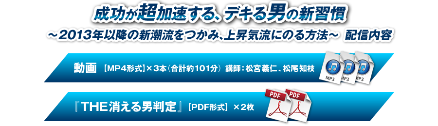 『成功が超加速する、デキる男の新習慣』～2013年以降の新潮流をつかみ、上昇気流にのる方法～配信内容　■動画【MP4形式】×３本（合計約101分）講師：松宮義仁、松尾知枝　■『THE消える男判定』【PDF形式】×２枚