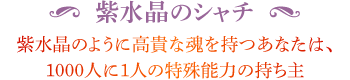 ◆ 紫水晶のシャチ 紫水晶のように高貴な魂を持つあなたは、1000人に1人の特殊能力の持ち主