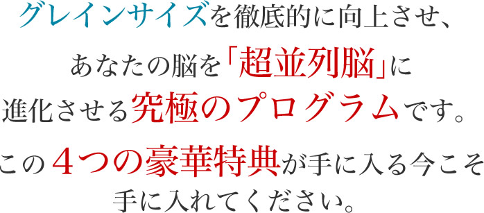 グレインサイズを徹底的に向上させ、あなたの脳を「超並列脳」に進化させる究極のプログラムです。この４つの豪華特典が手に入る今こそ手に入れてください。