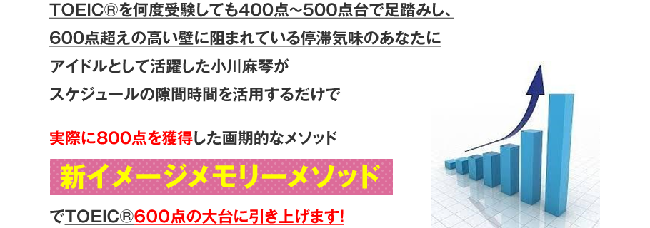 TOEIC®を何度受験しても400点～500点台で足踏みし、600点超えの高い壁に阻まれている停滞気味のあなたにアイドルとして活躍した小川麻琴がスケジュールの隙間時間を活用するだけで実際に800点を獲得した画期的なメソッド 『新イメージメモリーメソッド』でTOEIC®600点の大台に引き上げます！