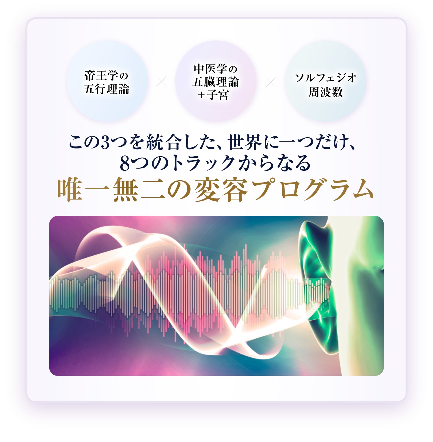 帝王学の五行理論×中医学の五臓理論+子宮×ソルフェジオ周波数 この3つを統合した、世界に一つだけ、8つのトラックからなる唯一無二の変容プログラム