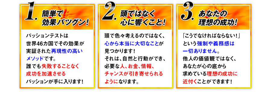 １．簡単で効果バツグン！　パッションテストは世界46カ国でその効果が実証された再現性の高いメソッドです。誰でも失敗することなく成功を加速させるパッションが手に入ります！　２．頭ではなく心に響くこと！　頭で色々考えるのではなく、心から本当に大切なことが見つかります！それは、自然と行動ができ、必要な人、お金、情報、チャンスが引き寄せられるようになります。　３．あなたの理想の成功！　「こうでなければならない！」という強制や義務感は一切ありません。他人の価値観ではなく、あなたが心の底から求めている理想の成功に近付くことができます！