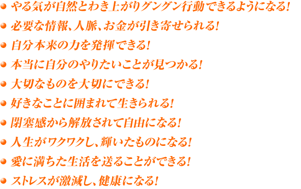 ● やる気が自然とわき上がりグングン行動できるようになる！　● 必要な情報、人脈、お金が引き寄せられる！　● 自分本来の力を発揮できる！　● 本当に自分のやりたいことが見つかる！　● 大切なものを大切にできる！　● 好きなことに囲まれて生きられる！　● 閉塞感から解放されて自由になる！　● 人生がワクワクし、輝いたものになる！　● 愛に満ちた生活を送ることができる！　● ストレスが激減し、健康になる！