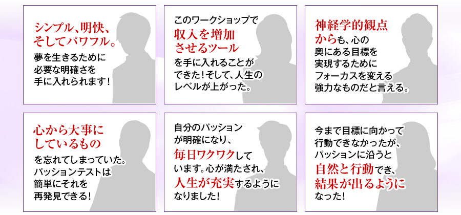 シンプル、明快、そしてパワフル。夢を生きるために必要な明確さを手に入れられます！　このワークショップで収入を増加させるツールを手に入れることができた！そして、人生のレベルが上がった。　神経学的観点からも、心の奥にある目標を実現するためにフォーカスを変える強力なものだと言える。　心から大事にしているものを忘れてしまっていた。パッションテストは簡単にそれを再発見できる！　自分のパッションが明確になり、毎日ワクワクしています。心が満たされ、人生が充実するようになりました！　今まで目標に向かって行動できなかったが、パッションに沿うと自然と行動でき、結果が出るようになった！