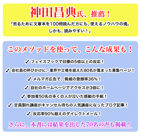 
◆神田昌典氏、推薦！
「売るために文章本を100冊読んだ方にも、使えるノウハウの塊。しかも、読みやすい！」

◆このメソッドを使って、こんな成果も！
・フェイスブックで目標の5倍以上の反応！
・会社員の呼びかけに、業界や立場を超えた80名が集まった募集ページ！
・メルマガ広告で、脅威の登録率36％！
・自社のホームページでアクセスが3倍に！
・参加者50名の多くの人が泣いた感動の手紙！
・定員割れ講座がキャンセル待ちの人気講座になったブログ記事！
・反応率90％超えのダイレクトメール！
さらに、本書には結果を出した70名の声も掲載！