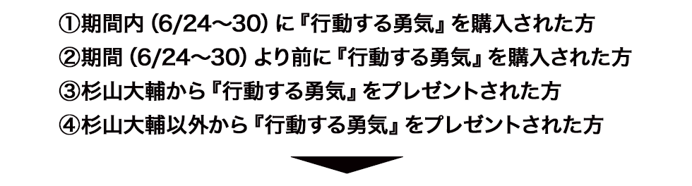 ①期間内（6/24～30）に『行動する勇気』を購入された方
②期間（6/24～30）より前に『行動する勇気』を購入された方
③杉山大輔から『行動する勇気』をプレゼントされた方
④杉山大輔以外から『行動する勇気』をプレゼントされた方