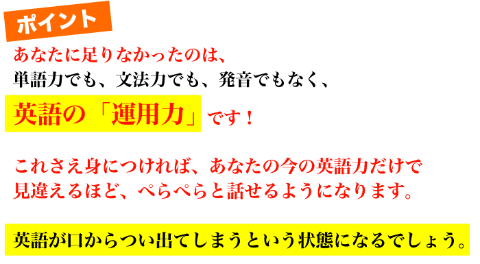 あなたに足りなかったのは、単語力でも、文法力でも、発音でもなく、英語の「運用力」です！
これさえ身につければ、あなたの今の英語力だけで見違えるほど、ぺらぺらと話せるようになります。
英語が口からつい出てしまうという状態になるでしょう。