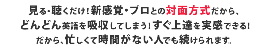 見る・聴くだけ！新感覚・プロとの対面方式だから、どんどん英語を吸収してしまう！すぐ上達を実感できる！だから、忙しくて時間がない人でも続けられます。