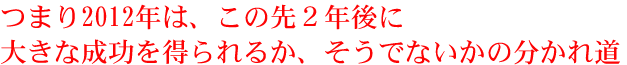 �܂�2012�N�́A���̐�Q�N��ɑ傫�Ȑ����𓾂��邩�A�����łȂ����̕����ꓹ