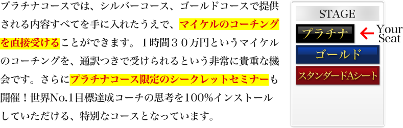 プラチナコースでは、スタンダードコース、ゴールドコースで提供される内容すべてを手に入れたうえで、マイケルのコーチングを直接受けることができます。