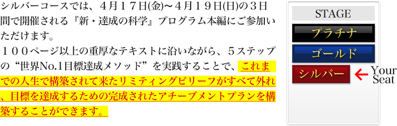 シルバーコースでは、４月１７日(金)〜４月１９日(日)の３日間で開催される『新・達成の科学』プログラム本編にご参加いただけます。