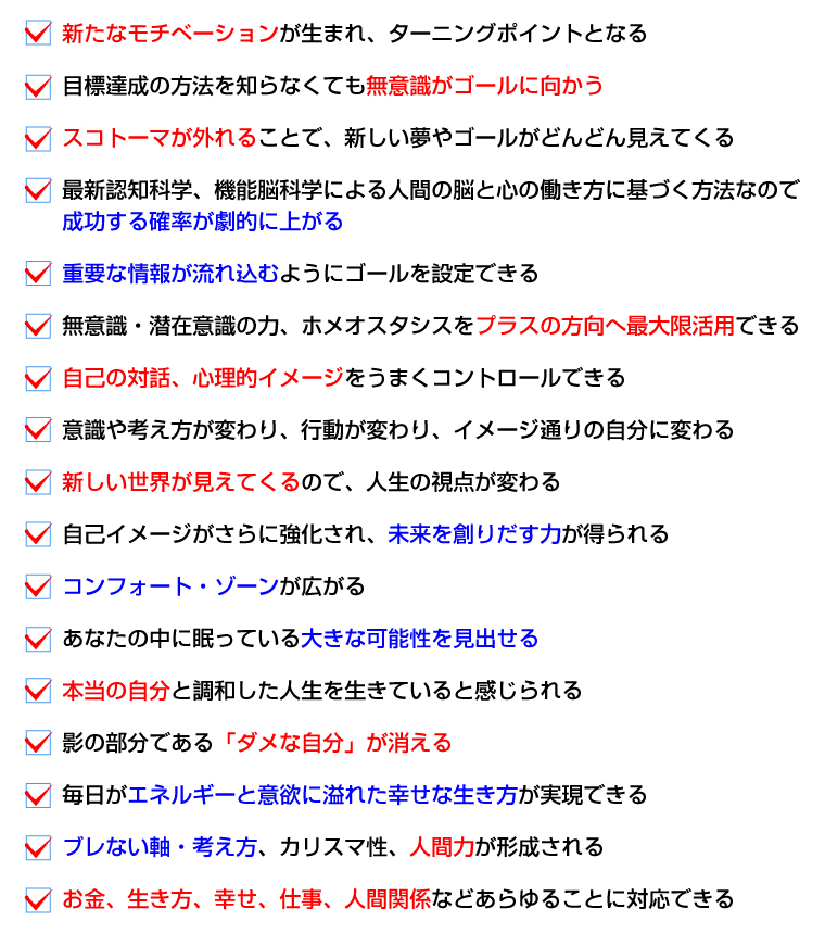 �V���ȃ��`�x�[�V���������܂�A�^�[�j���O�|�C���g�ƂȂ�
�ڕW�B���̕��@��m��Ȃ��Ă����ӎ����S�[���Ɍ�����
�X�R�g�[�}���O��邱�ƂŁA�V��������S�[�����ǂ�ǂ񌩂��Ă���
�ŐV�F�m�Ȋw�A�@�\�]�Ȋw�ɂ��l�Ԃ̔]�ƐS�̓������Ɋ�Â����@�Ȃ̂�
��������m�������I�ɏオ��
�d�v�ȏ�񂪗��ꍞ�ނ悤�ɃS�[����ݒ�ł���
���ӎ��E���݈ӎ��̗́A�z���I�X�^�V�X���v���X�̕����֍ő�����p�ł���
���Ȃ̑Θb�A�S���I�C���[�W�����܂��R���g���[���ł���
�ӎ���l�������ς��A�s�����ς��A�C���[�W�ʂ�̎����ɕς��
�V�������E�������Ă���̂ŁA�l���̎��_���ς��
���ȃC���[�W������ɋ�������A������n�肾���͂�������
�R���t�H�[�g�E�]�[�����L����
���Ȃ��̒��ɖ����Ă���傫�ȉ\�������o����
�{���̎����ƒ��a�����l���𐶂��Ă���Ɗ�������
�e�̕����ł���u�_���Ȏ����v��������
�������G�l���M�[�ƈӗ~�Ɉ�ꂽ�K���Ȑ������������ł���
�u���Ȃ����E�l�����A�J���X�}���A�l�ԗ͂��`�������
�����A�������A�K���A�d���A�l�Ԋ֌W�Ȃǂ����邱�ƂɑΉ��ł���