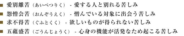 愛別離苦（あいべつりく） - 愛する人と別れる苦しみ怨憎会苦（おんぞうえく） - 憎んでいる対象に出会う苦しみ求不得苦（ぐふとくく） - 欲しいものが得られない苦しみ五蘊盛苦（ごうんじょうく） - 心身の機能が活発なため起こる苦しみ